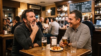 Dos hombres están sentados a una mesa de madera con copas de cerveza y un plato de comida dentro de un bar.