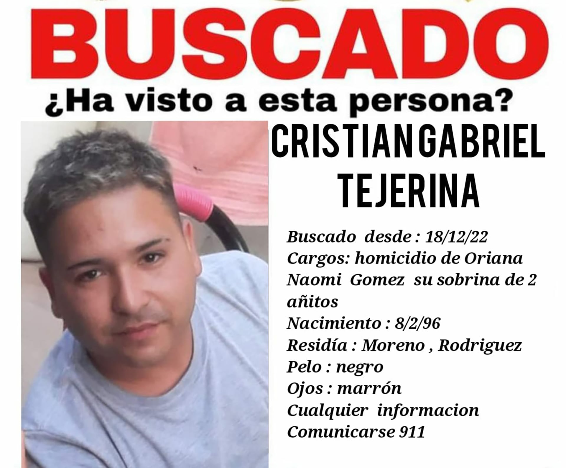Cristian Gabriel Tejerina, acusado del homicidio de su sobrina de dos años (Facebook)