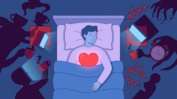 Ilustración plana de una persona durmiendo en una cama, con un corazón rojo brillante en el pecho. Sombras abstractas de tazas de café, móviles, relojes y ruido la rodean.