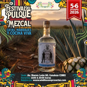 Cartel promocional con una botella de mezcal sobre un campo de agaves y detalles del festival de pulque y mezcal