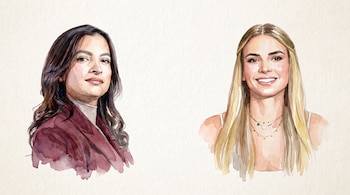Ilustración estilo acuarela de Andrea Petro, hija del expresidente Gustavo Petro, y Ana Lucía Pineda, primera dama de Colombia