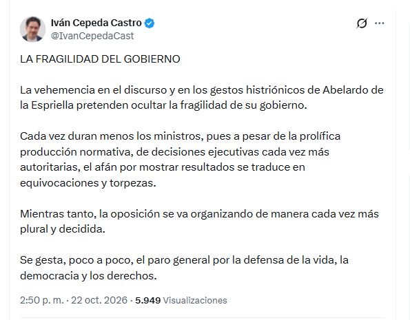 El excandidato presidencial Iván Cepeda Castro se refirió a la salida de Rodrigo Lara del gobierno de Abelardo de la Espriella - crédito @IvanCepedaCast/X