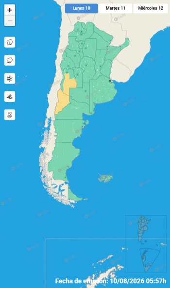Mapa de Argentina con áreas verdes y amarillas, íconos de lluvia, nieve, viento y tormenta. Incluye la fecha de emisión 10/08/2026