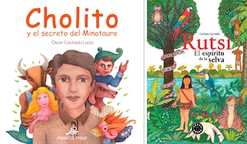 Dos portadas de libros infantiles, una muestra un niño con criaturas míticas y la otra un niño en la selva con animales y plantas tropicales