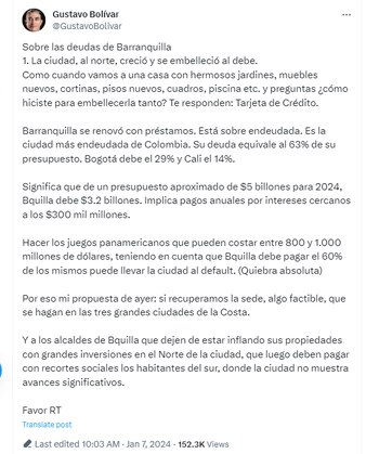 Gustavo Bolívar propuso dos nuevas sedes para los Juegos Panamericanos 2027