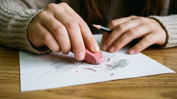 Primer plano de manos de una alumna borrando marcas de lápiz de una hoja blanca con una goma de borrar rosa, sobre una mesa de madera. Se ven virutas de goma.