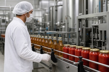 Un trabajador con bata blanca, mascarilla y gorro observa botellas y frascos de vidrio en una cinta transportadora industrial.