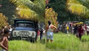 Decenas de personas saquearon un camión con aceite para cocinar en La Habana, cerca del Cementerio de La Lisa y la Autopista Nacional. (Cortesía: Gilberto Dorrego)