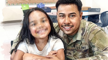 Ilustración en acuarela de un soldado con uniforme de camuflaje junto a una niña con el rostro difuminado en un aula.