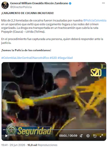 Policía Nacional decomisó importante cargamento de droga en ruta Popayán-Lérida - crédito @DirectorPolicia/X