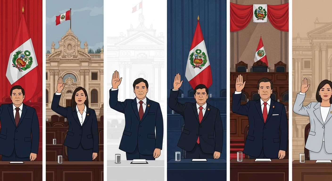 Senadores y diputados peruanos juramentan sus cargos levantando la mano derecha, con la arquitectura clásica del Congreso y símbolos nacionales visibles de fondo. (Imagen Ilustrativa Infobae)