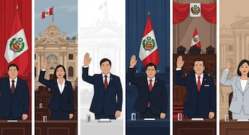 Seis políticos, tres mujeres y tres hombres, con trajes formales levantan la mano derecha. Se ven banderas de Perú, el escudo nacional y el edificio del Congreso peruano.