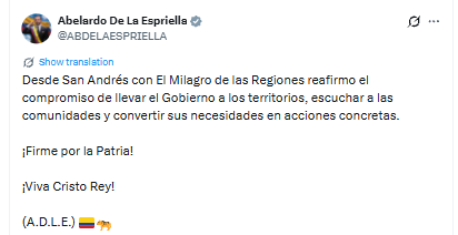 Este fue el mensaje del presidente tras su llegada a San Andrés - crédito @ABDELAESPRIELLA/X