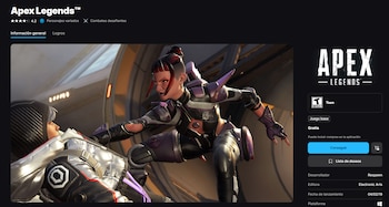 Captura de pantalla de la ficha de un videojuego que muestra dos personajes con armadura en primer plano y el logotipo de Apex Legends
