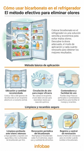 Infografía ilustrativa sobre el uso de bicarbonato de sodio en un refrigerador lleno de alimentos para eliminar olores, mostrando métodos de aplicación y limpieza.