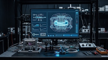 Monitor con un gráfico azul de campo magnético y datos numéricos sobre una mesa con cables, un dispositivo metálico y herramientas