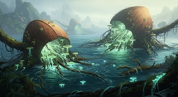 Un paisaje oceánico panorámico con cáscaras de coco gigantes flotando. De ellas brotan raíces y hongos luminosos verdes en el agua. Montañas verdes y follaje tropical al fondo.