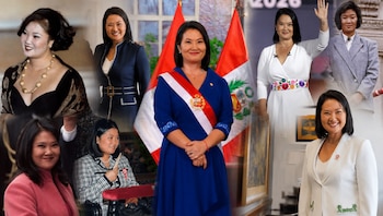 Collage de nueve fotografías de Keiko Fujimori en diferentes etapas de su vida, con vestimenta variada y, en el centro, la bandera de Perú