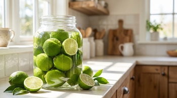 Primer plano de limones verdes, algunos enteros y otros cortados, dentro de un gran frasco de vidrio con agua sobre una encimera de cocina iluminada por el sol.