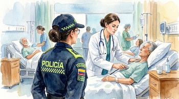 Ilustración acuarela: una patrullera de policía observa a una médica examinando a un paciente en una cama de hospital. Otros pacientes y personal médico al fondo.