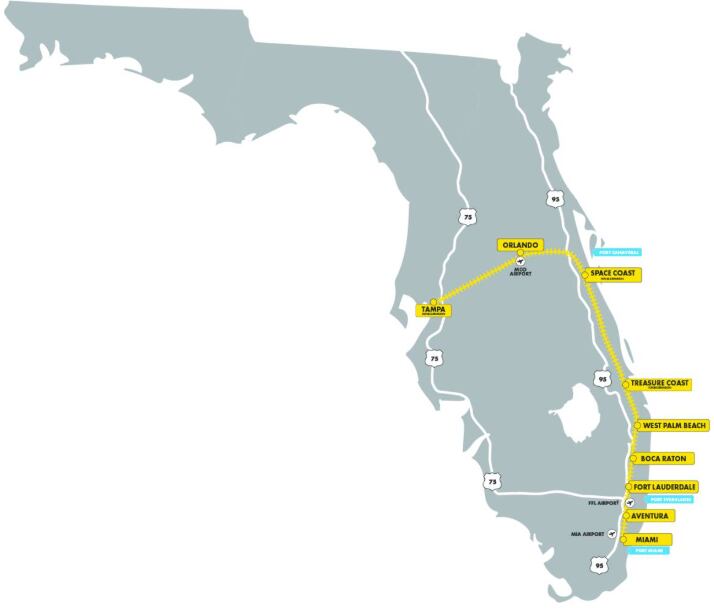 El proyecto de Cocoa incluirá una estación multimodal, aparcamiento y cuatro millas adicionales de doble vía cerca de la carretera estatal 528 y la US-1 (Mapa del sistema Brightline Florida)