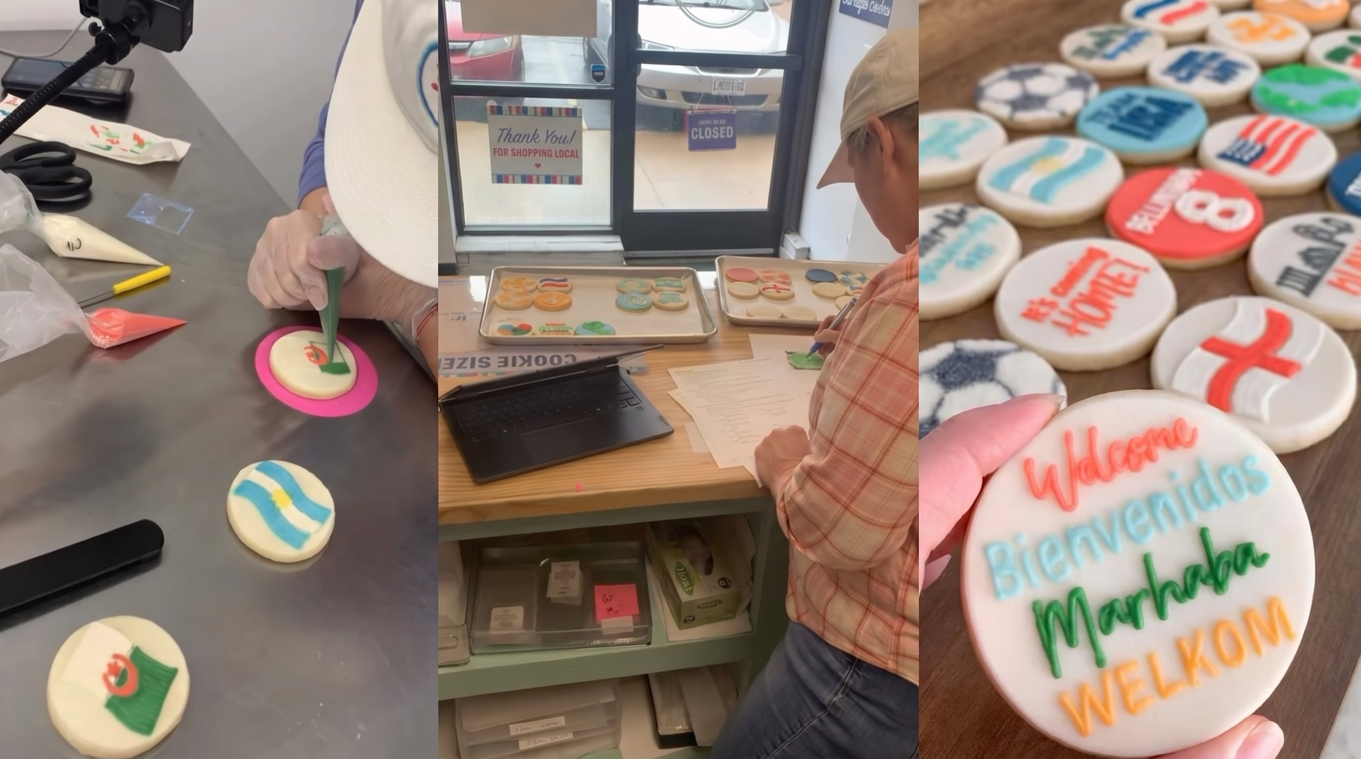 Cada set de galletas personalizadas contiene seis unidades con diseños temáticos de fútbol, banderas y frases de celebración (Instagram: @cookieblisskc).