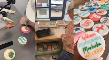 Triptico mostrando: decoración de galletas, repostero en escritorio con bandejas de galletas y letreros, y variedad de galletas con banderas y saludos.