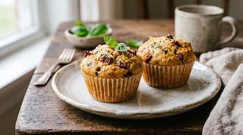 Dos muffins sobre un plato de cerámica en una mesa de madera, acompañados por un cuenco con albahaca y una taza.