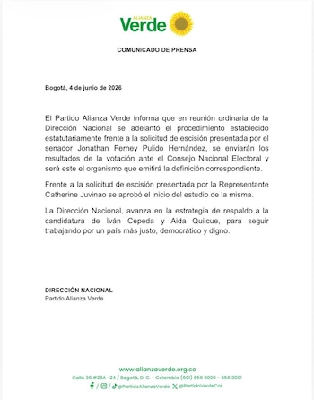 El partido Alianza Verde informó sobre as escisiones presentadas por Jota Pe Hernández y Catherine Juvinao - crédito @PartidoVerdeCoL/X