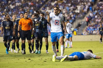 Aug 4, 2024; Chester, Pennsylvania, USA; Cruz Azul midfielder Lorenzo Faravelli (8) reacts to a foul during the second half against the Philadelphia Union at Subaru Park. Mandatory Credit: Bill Streicher-USA TODAY Sports