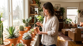 Una mujer sonríe mientras riega varias plantas de cactus y suculentas en macetas de terracota en un alféizar frente a una ventana luminosa.