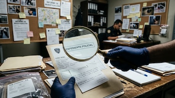 Manos con guantes azules sostienen una lupa sobre un expediente policial, junto a bolsas de evidencia y un agente al fondo en una oficina.