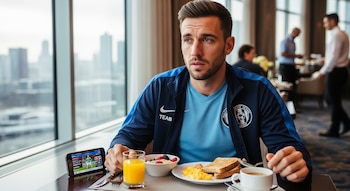 Joven deportista desayuna en un hotel con vistas a la ciudad, tiene huevos revueltos, tostadas, bayas, zumo y café en la mesa, junto a un móvil mostrando un partido.