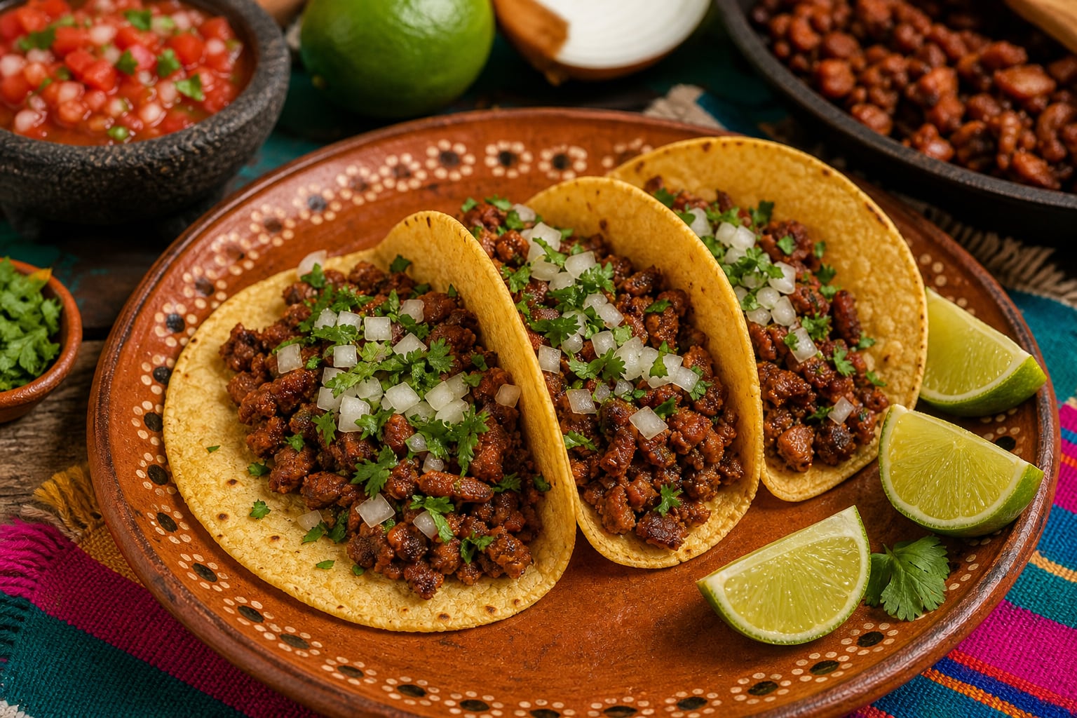 Tres tacos de carne picada con cebolla y cilantro se presentan en un plato de barro junto a rodajas de lima y un recipiente con salsa. (Imagen Ilustrativa Infobae)
