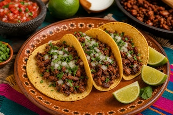 Tres tacos con carne, cebolla y cilantro en un plato de barro, rodeados de rodajas de lima y un tazón con salsa roja.
