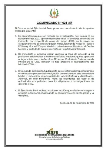 Comunicado del Ejército del Perú sobre un agente herido de bala en el Pentagonito.