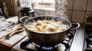 Olla metálica con papas hirviendo en agua sobre un quemador encendido con llama azul en una cocina doméstica.