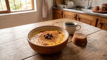 Postre de natas con canela y pasas, café negro, y panela sobre mesa de madera rústica. De fondo se aprecia una cocina y una ventana.