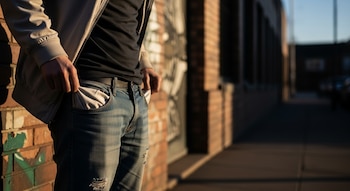 Primer plano del torso y piernas de una persona de pie junto a una pared de ladrillo, con las manos en los bolsillos de sus jeans, mostrando que están vacíos.