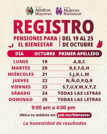 El calendario aplica tanto para la Pensión Adultos Mayores como para Mujeres Bienestar.
(Programas del Bienestar)