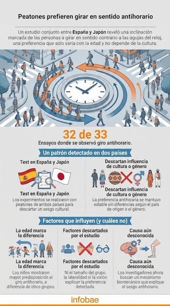 Infografía con personas caminando en un cruce, flechas que marcan un giro antihorario y gráficos que ilustran un estudio sobre este patrón de movimiento