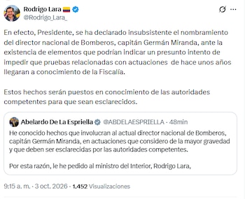 Rodrigo Lara reveló detalles de por qué se dio la salida del director de Bomberos