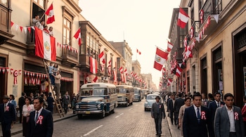 Una calle urbana con edificios, personas, buses y autos. Las fachadas muestran banderas peruanas, gallardetes y rosetas rojas y blancas.