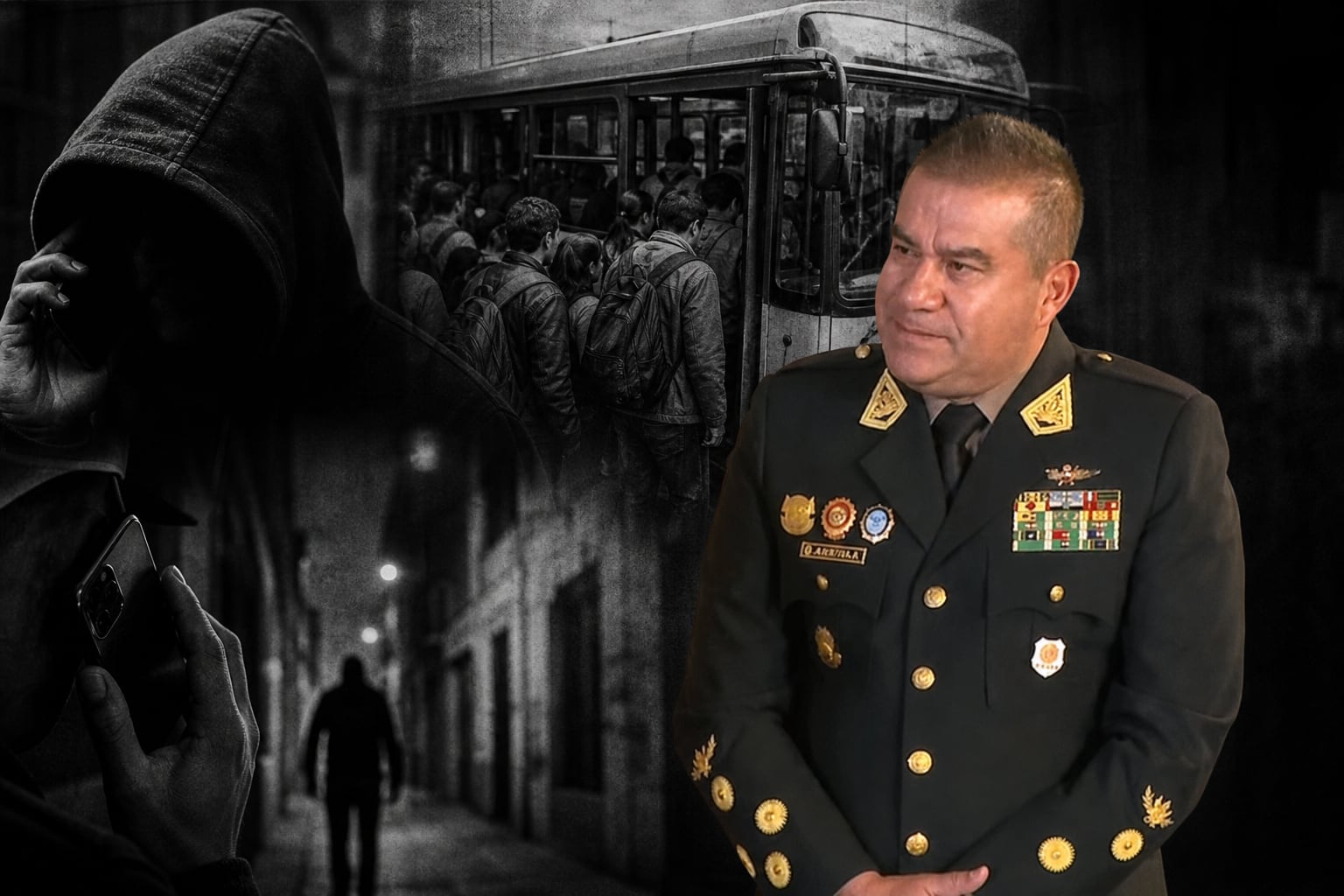 El general de la Policía Nacional del Perú, Óscar Arriola, figura junto a representaciones de extorsión telefónica e inseguridad en el transporte público. (Imagen Ilustrativa Infobae)