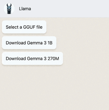 Captura de pantalla de una interfaz de chat con el avatar y nombre 'Llama'. Muestra tres botones: 'Select a GGUF file', 'Download Gemma 3 1B' y 'Download Gemma 3 270M'