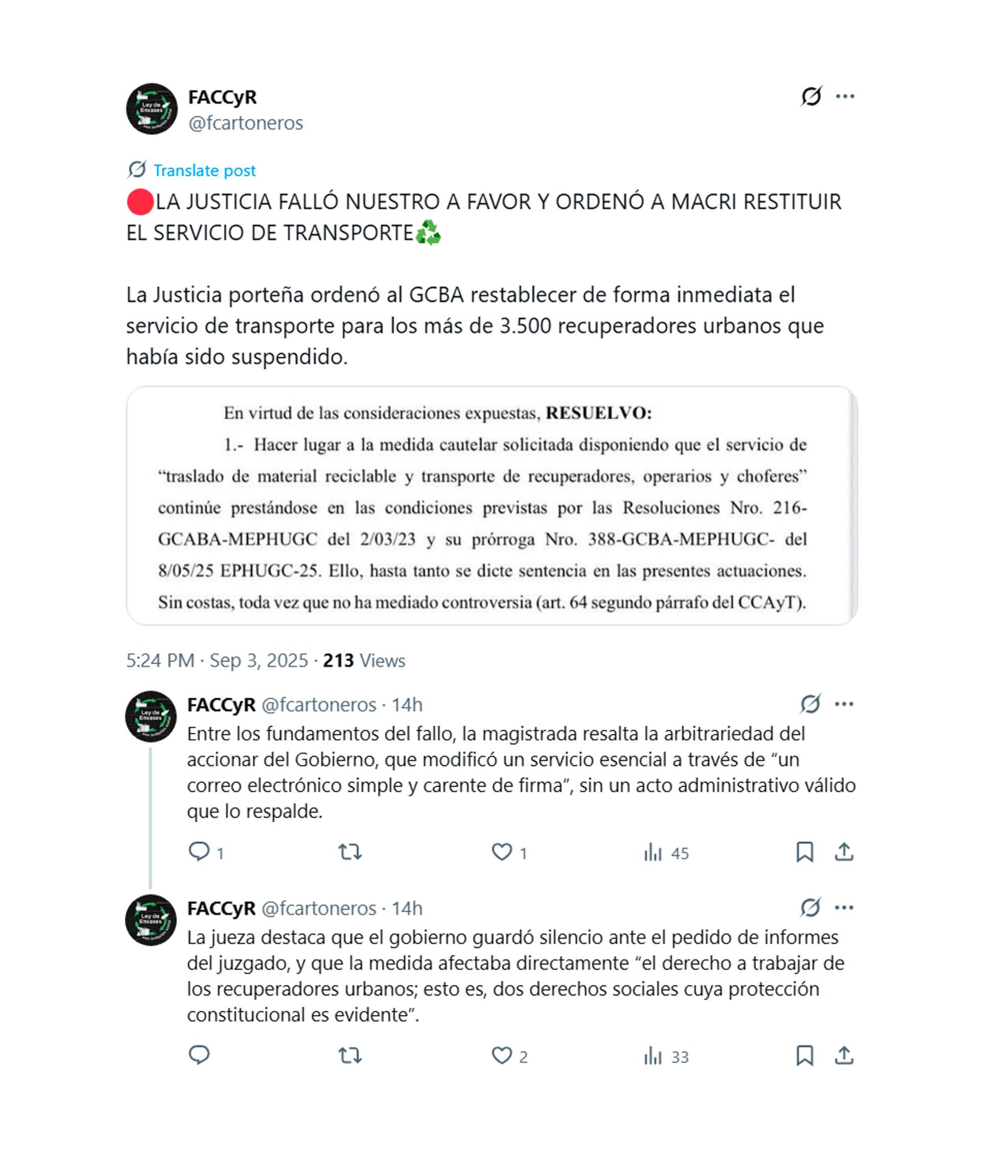 El comunicado de la Federación Argentina de Cartoneros, Carreros y Recicladores (FACCyR)