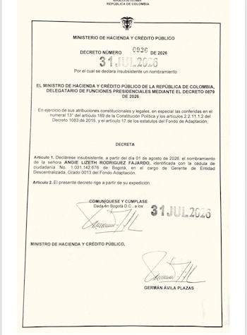 Con el documento firmado por el ministro de Hacienda se oficializa la salida de la funcionaria del Ejecutivo - crédito Ministerio de Hacienda