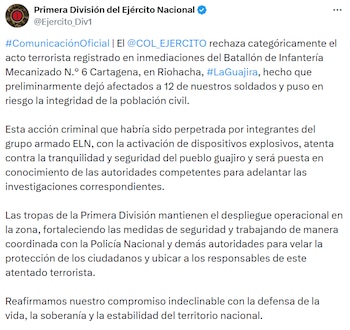 El Ejército rechazó el hecho y confirmó el fortalecimiento de las medidas de seguridad en el área para proteger a la población y ubicar a los responsables. - crédito @Ejercito_Div1/X