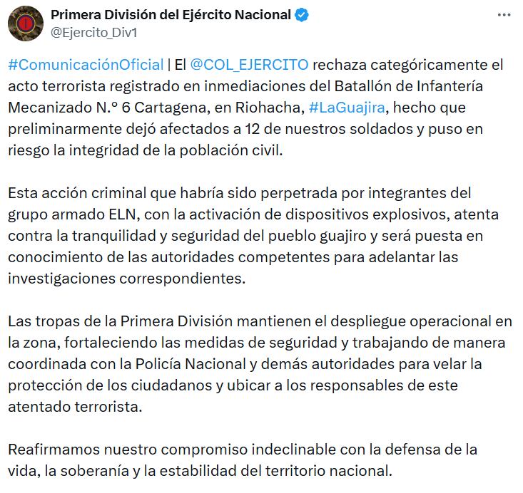 El Ejército rechazó el hecho y confirmó el fortalecimiento de las medidas de seguridad en el área para proteger a la población y ubicar a los responsables. - crédito @Ejercito_Div1/X