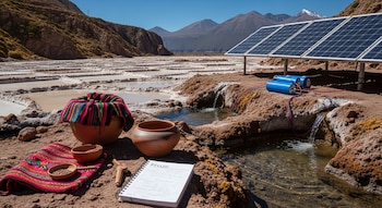 Vista panorámica del Altiplano con salares y montañas al fondo. En primer plano, paneles solares, baterías, agua fluyendo, un cuaderno y artesanías indígenas.